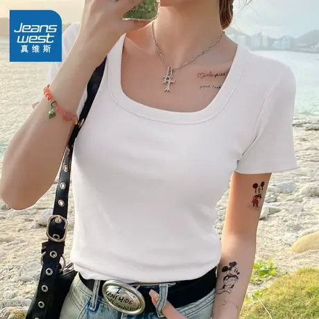 KMV真维斯白色小个子短袖t恤女2025夏季新款方领短款紧身显瘦体恤商品大图