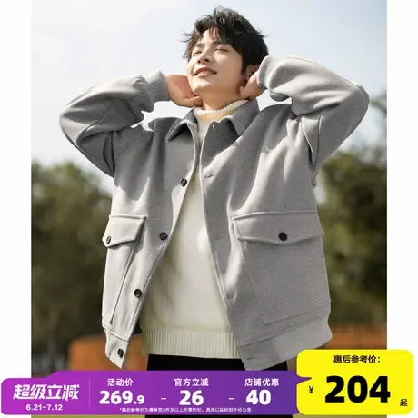 唐狮2024秋冬季新款男毛呢外套翻领工装贴袋短款加厚保暖夹克外套商品大图