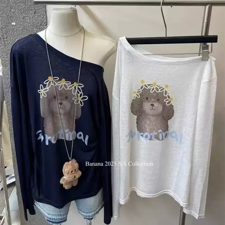 十三行女装2025夏季新款斜肩宽松显瘦小狗字母图案宽松长袖T恤女商品大图