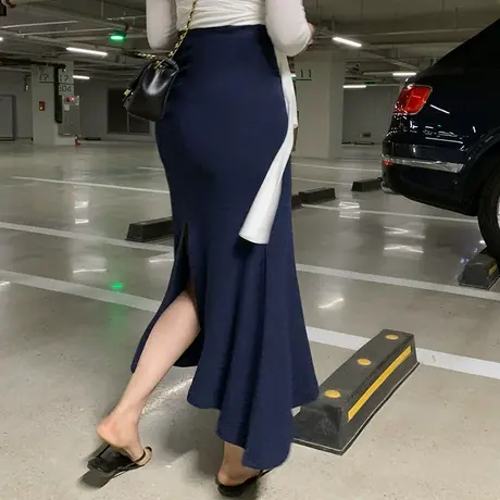 韩国东大门女装2020新款秋季高腰包臀裙后开叉不规则鱼尾半身裙女商品大图