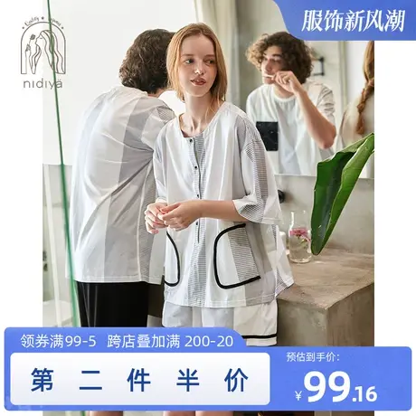 妮狄娅新款情侣睡衣女夏纯棉短袖开衫男简约休闲可外穿家居服套装商品大图