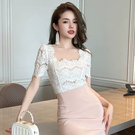 白色蕾丝设计感小众短袖t恤女新款2023洋气显瘦镂空方领短款上衣商品大图