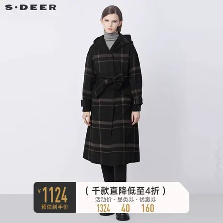 sdeer圣迪奥秋冬连帽格纹开襟马甲两件毛呢大衣S21481834🐁商品大图