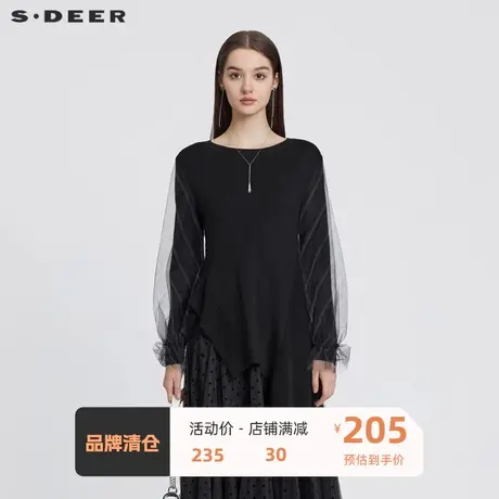 sdeer圣迪奥女装罗纹圆领网纱拼接不规则针织衫S224Z3528🍁商品大图