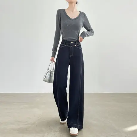 丹宁蓝天丝棉阔腿牛仔裤女夏季薄款宽松大码明线莱赛尔直筒拖地裤图片