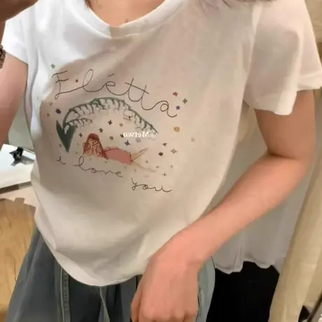 韩系ins卡通美人鱼印花雪花棉短袖恤女夏季正肩宽松短款体恤上衣商品大图