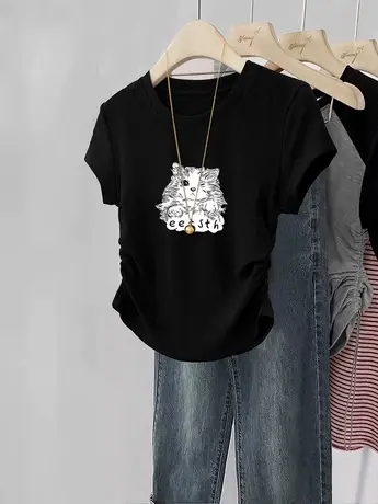 正肩t恤女hiphop潮牌大码黑色休闲上衣夏季ins潮大码修身短款短袖商品大图