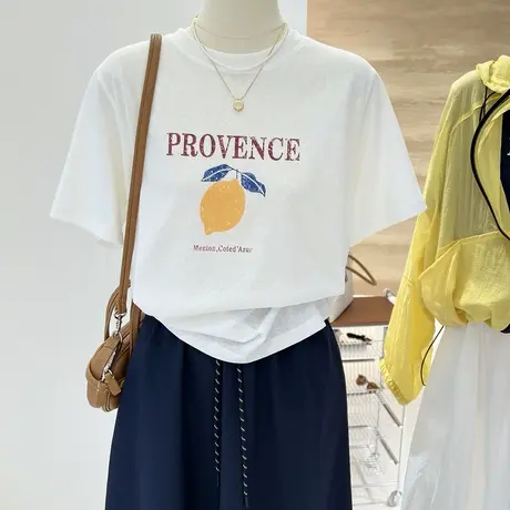 夏季韩系百搭简约做旧清新柠檬字母印花宽松薄款雪花棉短袖T恤女商品大图