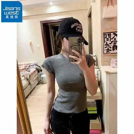 NR真维斯女装灰色正肩镂空短袖t恤夏季2025新款修身显瘦短款上衣图片