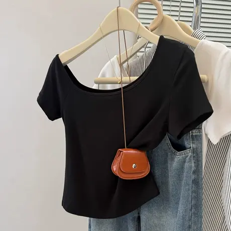 辣妹甜飒风斜肩露肩短袖T恤女夏季小个子短款修身韩版正肩上衣潮图片
