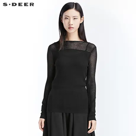sdeer圣迪奥女春装简约纯色花样镂空毛衣薄款针织衫S17183598图片