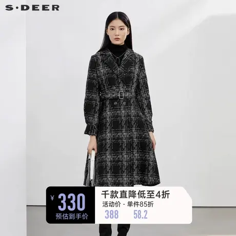 sdeer圣迪奥女装外套赫本风格纹泡泡袖长款显瘦风衣大衣S223Z1859图片