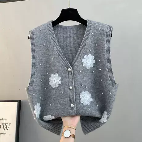 秋冬新款重工立体花朵针织V领开衫马甲女宽松百搭无袖毛衣背心潮商品大图