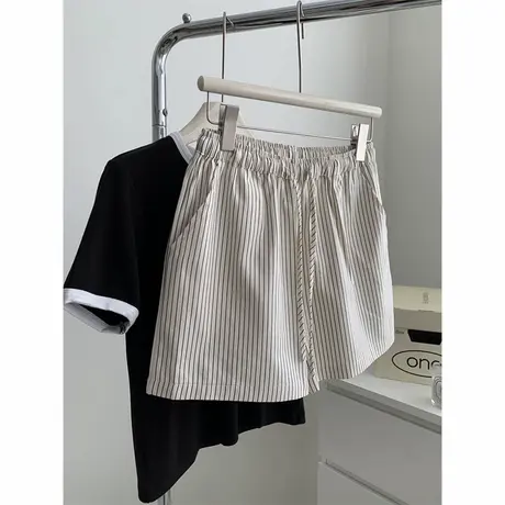 条纹高腰抽绳阔腿短裤女夏天韩版百搭宽松大码休闲运动沙滩热裤潮商品大图