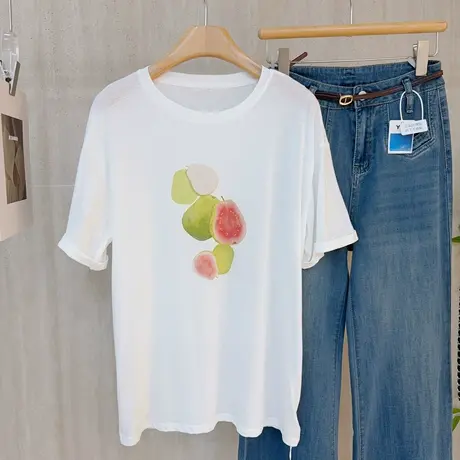 韩系夏日小清新！可爱芭乐水果印花宽松清凉舒适短袖T恤女打底衫商品大图
