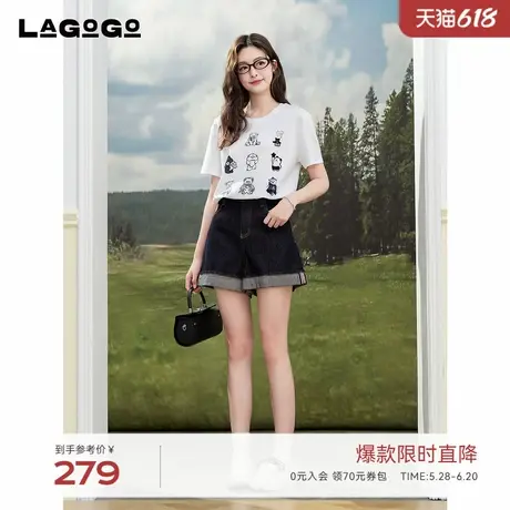 LAGOGO复古休闲高腰显瘦短裤女拉谷谷2025夏新款翻边设计感牛仔裤商品大图