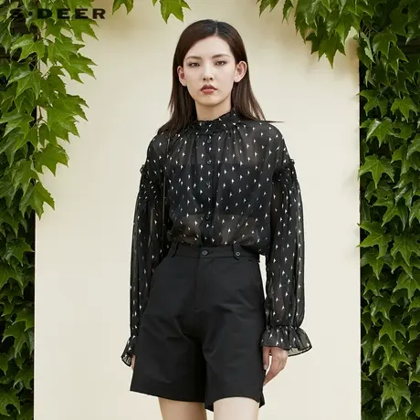 sdeer圣迪奥女装木耳边圆领撞色印花长袖衬衫S221Z0527图片