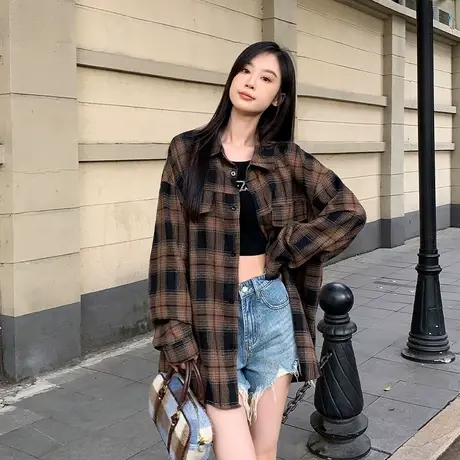 美式复古大码格子衬衫男女同款长袖上衣高级感格纹男内搭衬衣穿搭商品大图