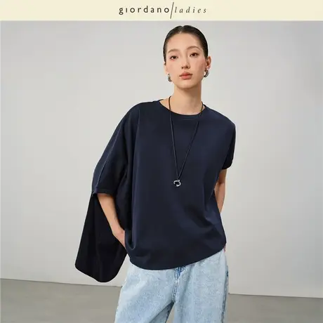 GL2025夏季新款T恤女纯棉不对称设计感圆领蝙蝠袖上衣女02325040图片