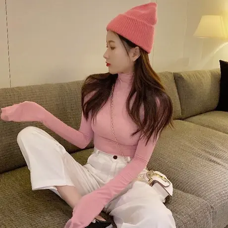 大弹力紧身微透显胸性感裸粉色高领上衣薄款内搭打底衫长袖t恤女商品大图