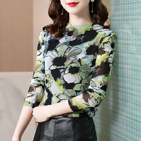 加绒加厚打底衫女春秋2024新款网纱印花T恤长袖内搭半高领上衣ins商品大图