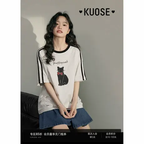 阔色美式复古运动风猫咪纯棉短袖T恤女2025夏季新款宽松半袖上衣商品大图