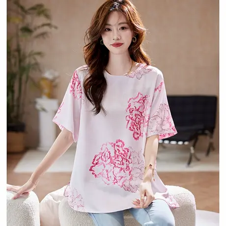 宝诗黎圆领提花短袖雪纺衫女2025夏季新中式减龄百搭宽松气质小衫商品大图