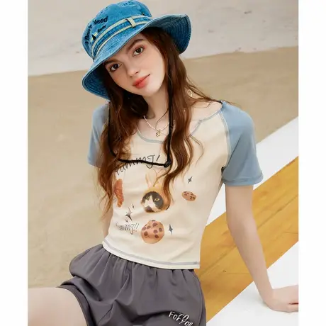 a02卡通印花辣妹收腰短袖夏季修身显身材别致独特女式T恤图片