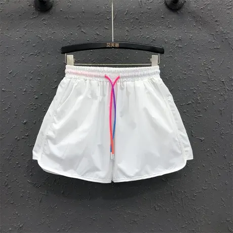 韩版运动短裤女夏季新款白色松紧腰彩色系带休闲百搭a字阔腿裤潮图片