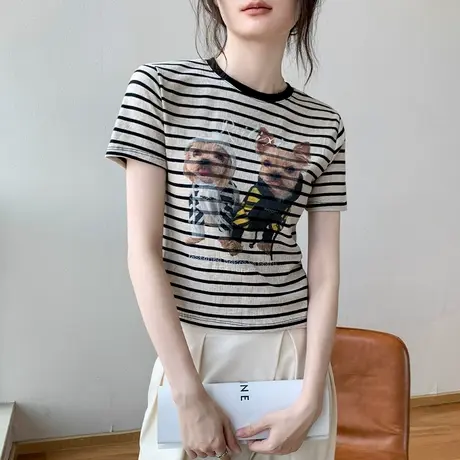 韩版撞色条纹圆领短袖T恤女2025春季新款修身动物印花正肩打底衫图片