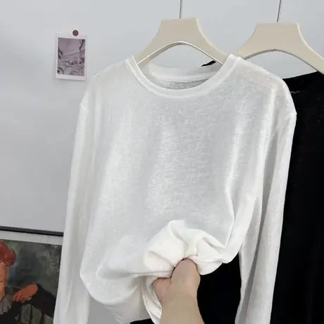 竹节棉白色长袖t恤女薄款春秋季简约纯色宽松圆领上衣百搭打底衫商品大图