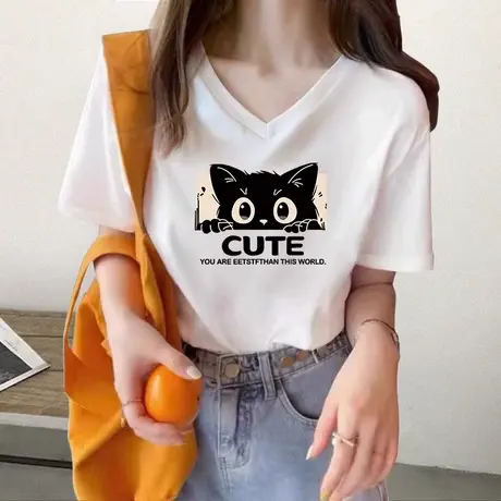 hiphop潮牌V领短袖夏大码白色简约风印花上衣ins休闲款宽松T恤女商品大图