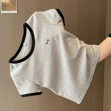 小个子短款正肩撞色短袖T恤女夏季修身韩版刺绣设计感小众上衣潮图片