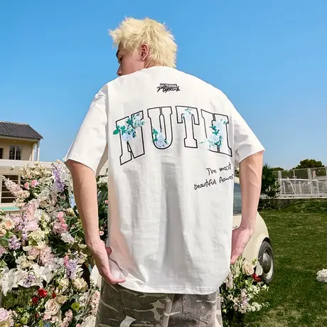 Nuthink山茶花刺绣重磅短袖T恤字母美式复古潮牌宽松半袖男女2025图片