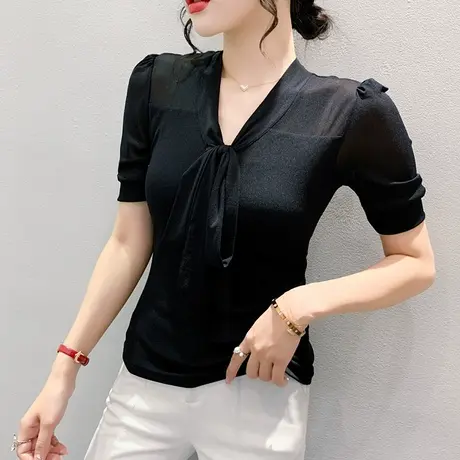 性感网纱V领T恤女短袖2024夏新款设计感小众紧身上衣法式气质小衫商品大图