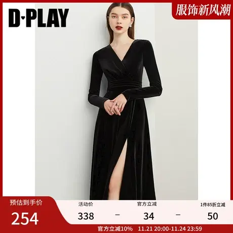 DPLAY秋装复古赫本风经典黑V领开衩丝绒连衣裙礼服裙小黑裙商品大图