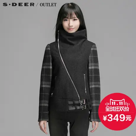 s.deer【新品】圣迪奥专柜正品女毛呢格纹斜襟设计外套S14482241图片