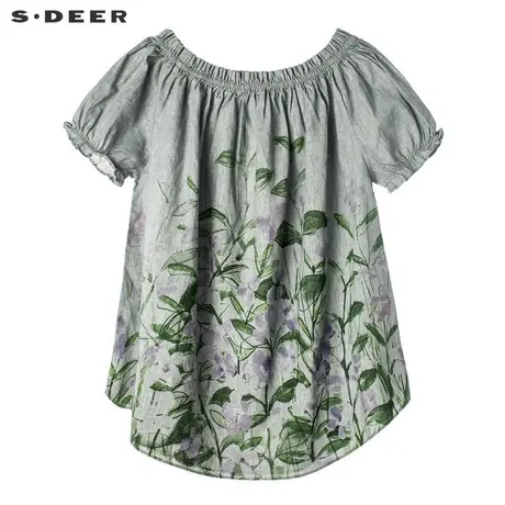 sdeer圣迪奥文艺甜美圆领松紧抽褶植物印花短袖T恤S18280437图片