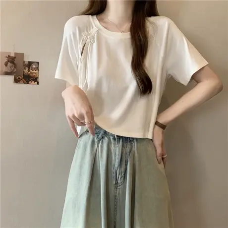新中式纯欲短款短袖T恤女夏季修身国风盘扣设计感流苏上衣体恤潮图片