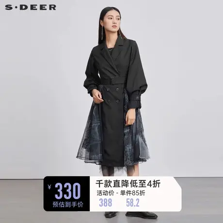 sdeer圣迪奥女装西装领收腰印花欧根纱长款风衣外套女S223Z1837图片