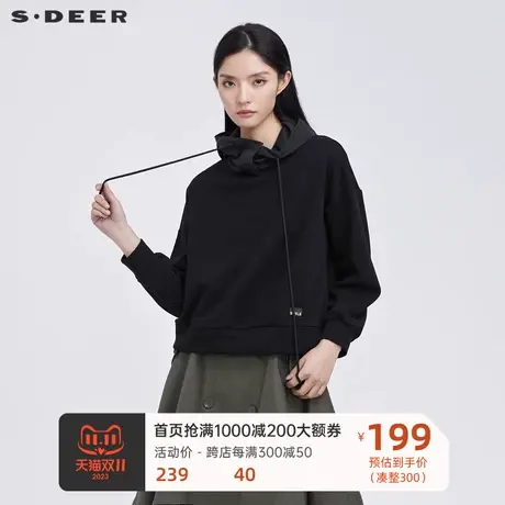 S·DEER圣迪奥女装冬抽绳连帽撞色字母拼接卫衣短款外套S21462228图片