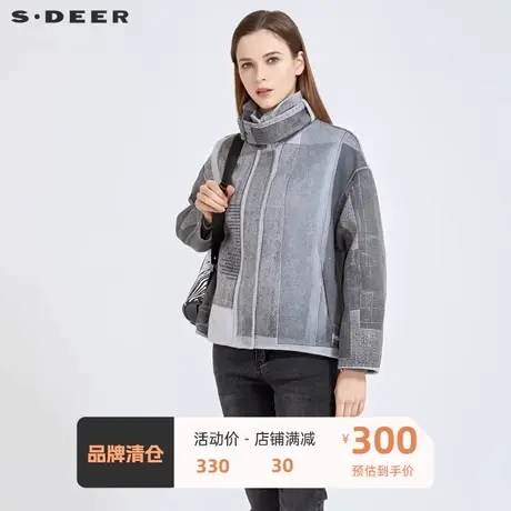 sdeer圣迪奥女装休闲立领字母印花拼接短款毛呢外套S20482219🕒商品大图