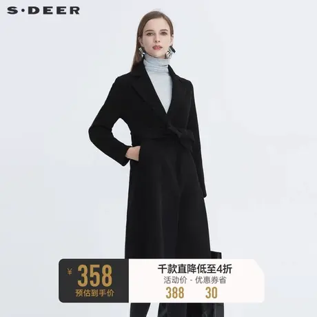 sdeer圣迪奥冬季女装休闲翻领系带收腰中长款毛呢大衣S20481827图片