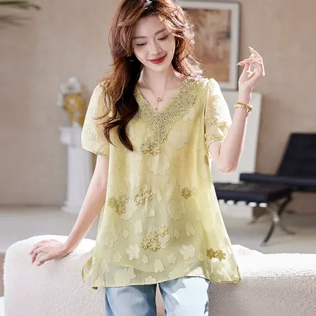 宝诗黎蕾丝拼接提花短袖雪纺衫2025夏季宽松休闲百搭减龄大码小衫商品大图