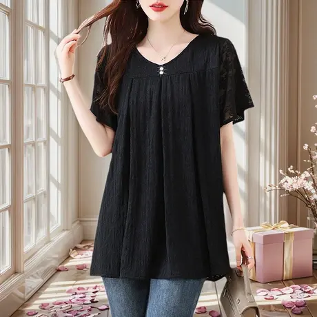 中长款短袖蕾丝衫女夏季新款宽松气质妈妈小衫大码遮肚子女上衣商品大图