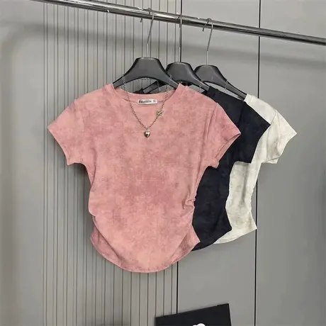 扎染设计感小众短袖T恤女夏季韩版修身短款小个子拼色半袖上衣潮图片