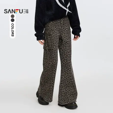三福豹纹牛仔裤2025新款春季潮流工装口袋宽松喇叭裤子女装495244商品大图