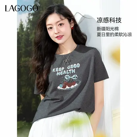 凉感新疆棉LAGOGO灰色可爱印花短袖T恤女拉谷谷2025年夏新款上衣商品大图