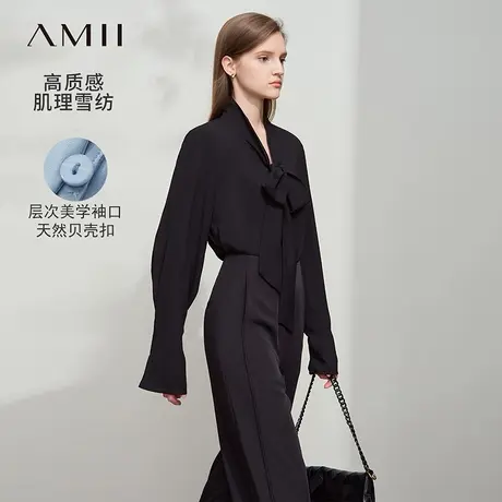 Amii2025夏新款优雅通勤百搭宽松飘带乱麻肌理雪纺衫女垂感上衣商品大图