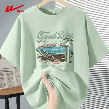 回力绿色正肩短袖t恤女夏2025年新款宽松大码情侣同款纯棉上衣男商品大图